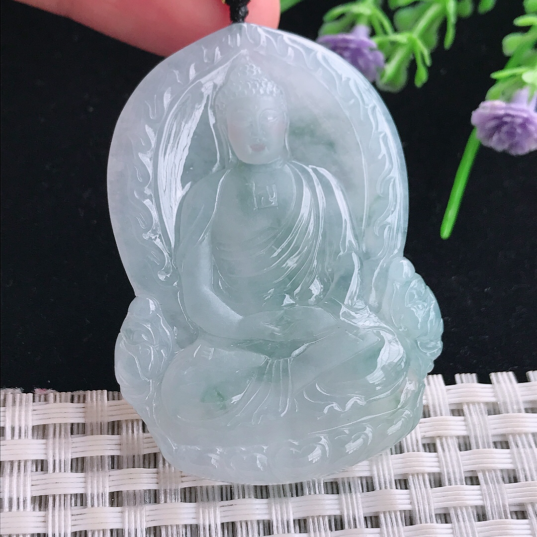 实拍A货翡翠51.5/38.5/5.6老坑冰透起胶飘花大日如来佛祖吊坠翡翠玉挂件