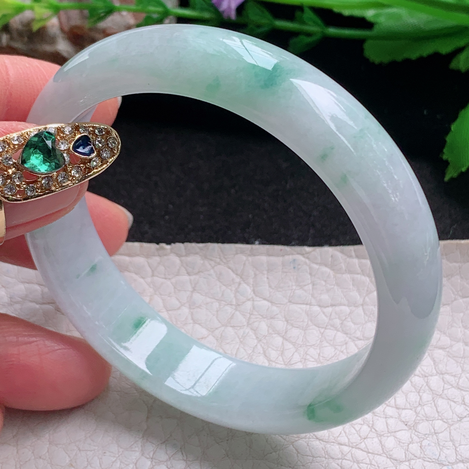 ee实拍55*13.5*7平安镯 天然缅甸翡翠a货手镯冰飘花正圈玉镯子