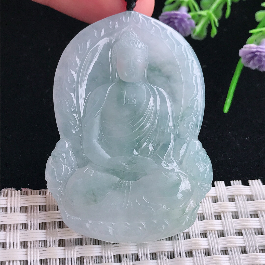 实拍A货翡翠51.5/38.5/5.6老坑冰透起胶飘花大日如来佛祖吊坠翡翠玉挂件