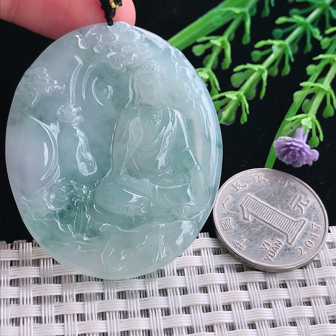 实拍A货翡翠52/44.2/5.8老坑冰胶果冻飘花阿弥陀佛吊坠翡翠玉挂件