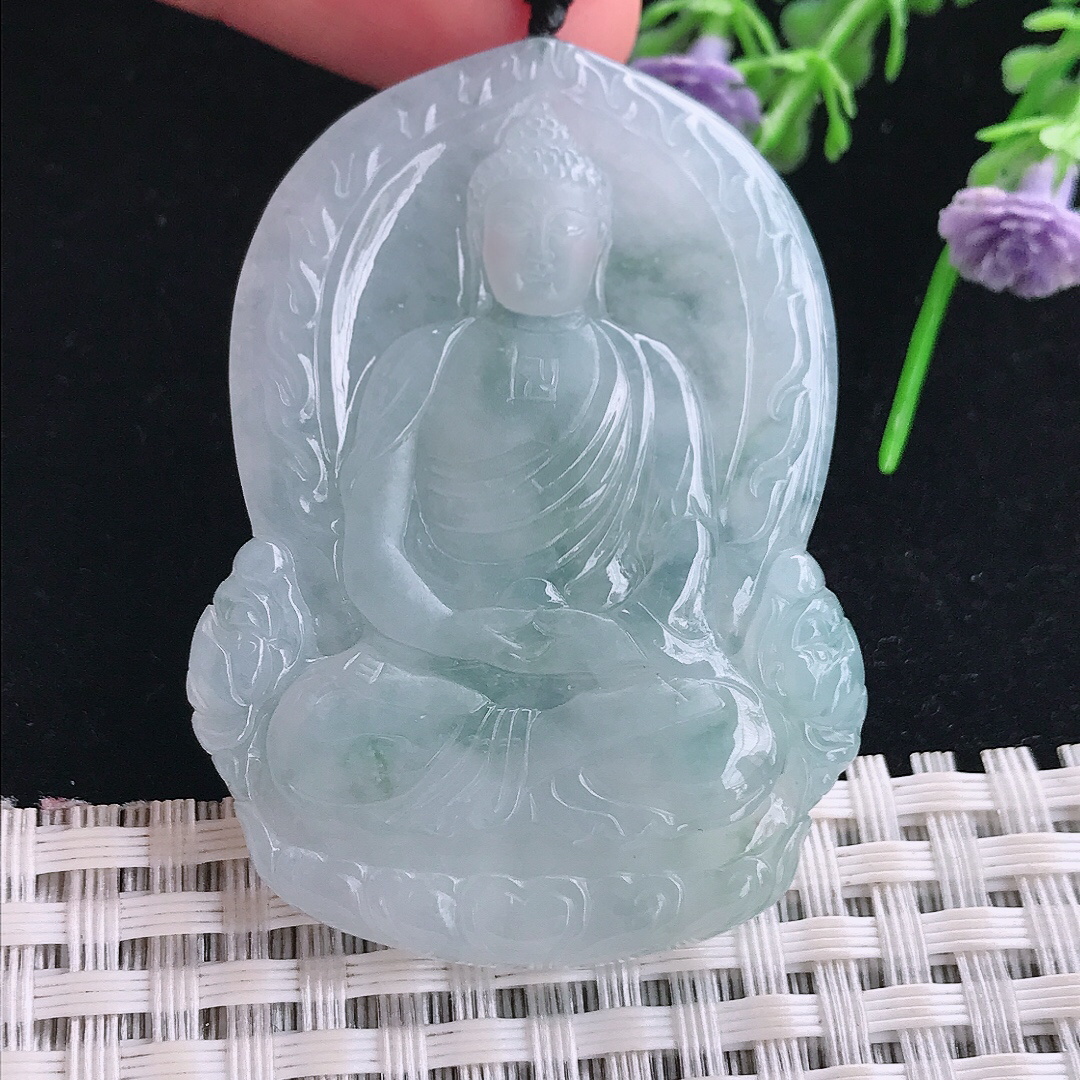 实拍A货翡翠51.5/38.5/5.6老坑冰透起胶飘花大日如来佛祖吊坠翡翠玉挂件
