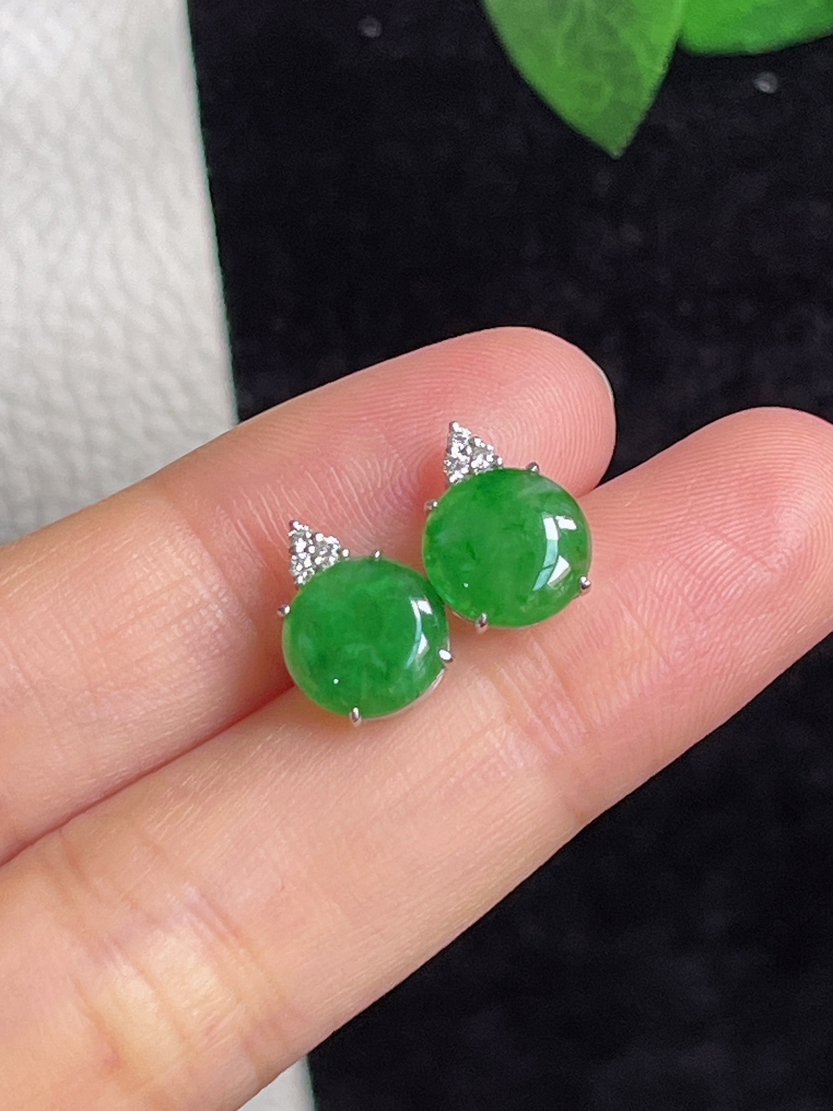 18k金翡翠冰糯满绿耳钉