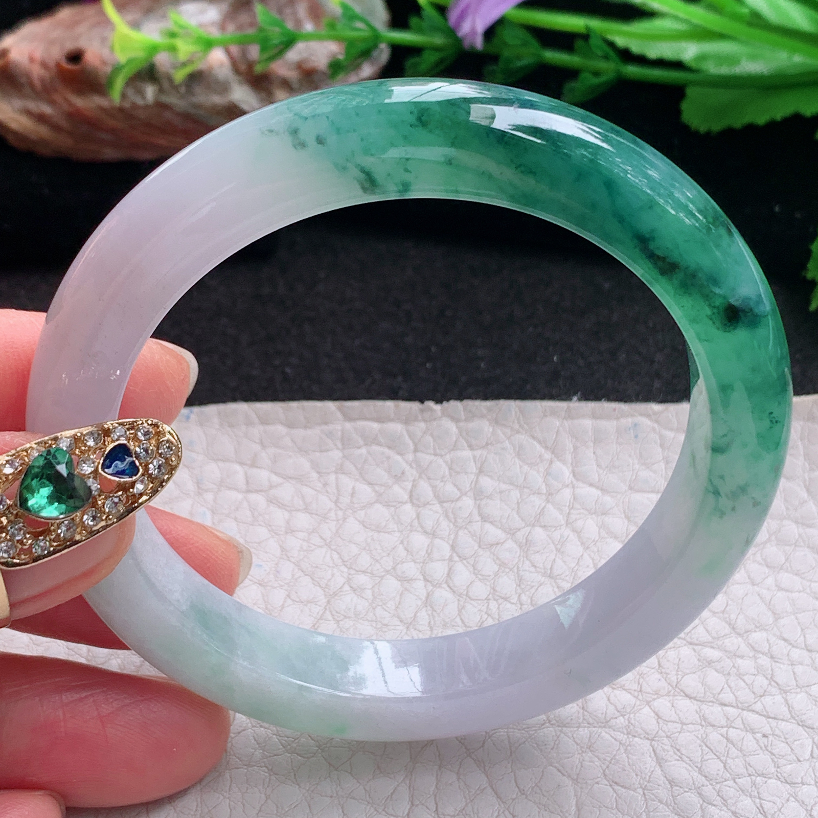 xc招财款54.5*10*8.5平安镯 天然缅甸翡翠a货手镯冰润双彩正圈玉镯子