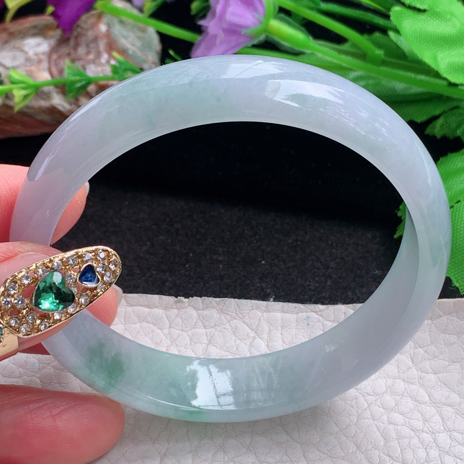 fx实拍58*14*6.5平安镯 天然缅甸翡翠a货手镯冰润飘花正圈玉镯子