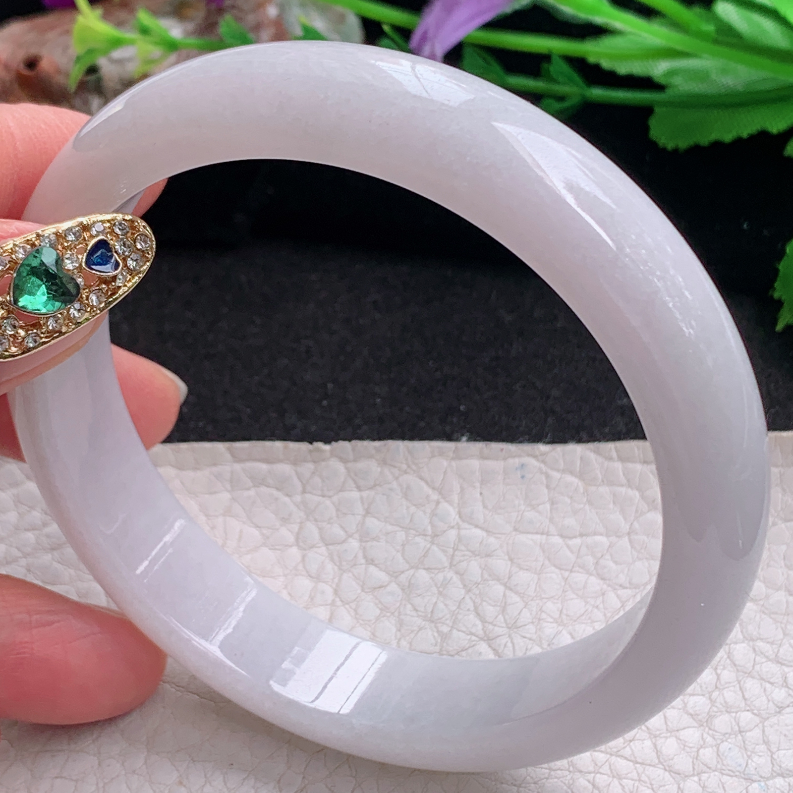 pj大圈口63*14*8平安镯 天然缅甸翡翠a货手镯淡紫水润正圈玉镯子