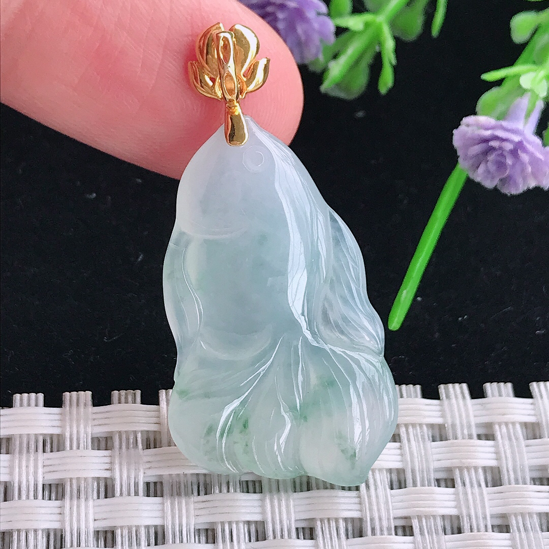 实拍A货翡翠31/19/5老坑18k金镶嵌冰胶飘花金鱼吊坠翡翠玉招财鱼挂件