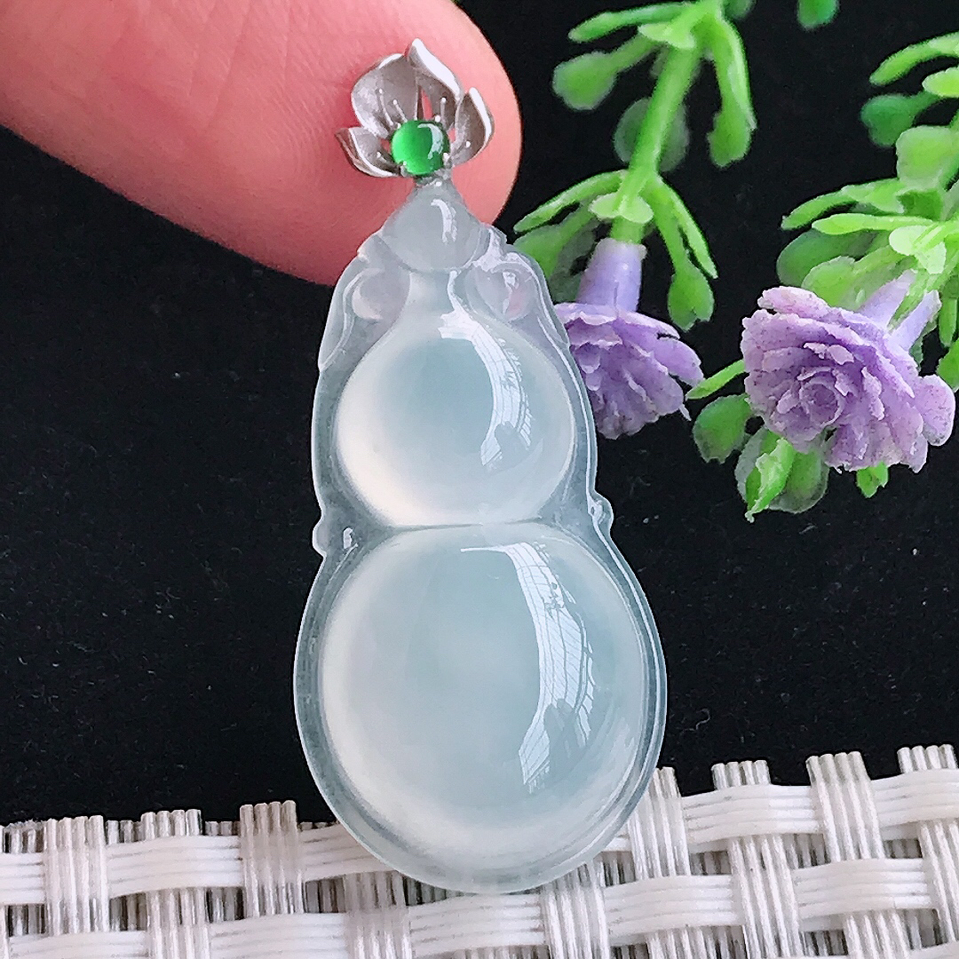 实拍A货翡翠29.7/15.8/6老坑18k金镶嵌冰种葫芦吊坠翡翠玉牌挂件