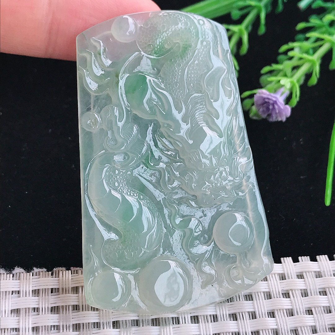 实拍A货翡翠63.9/41.6/5老坑冰胶果冻冰晴绿龙牌吊坠翡翠玉牌挂件