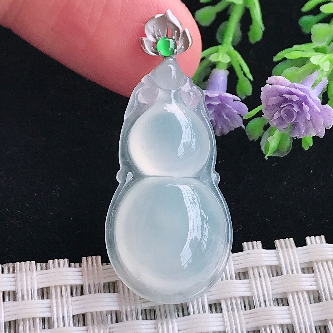 实拍A货翡翠29.7/15.8/6老坑18k金镶嵌冰种葫芦吊坠翡翠玉牌挂件