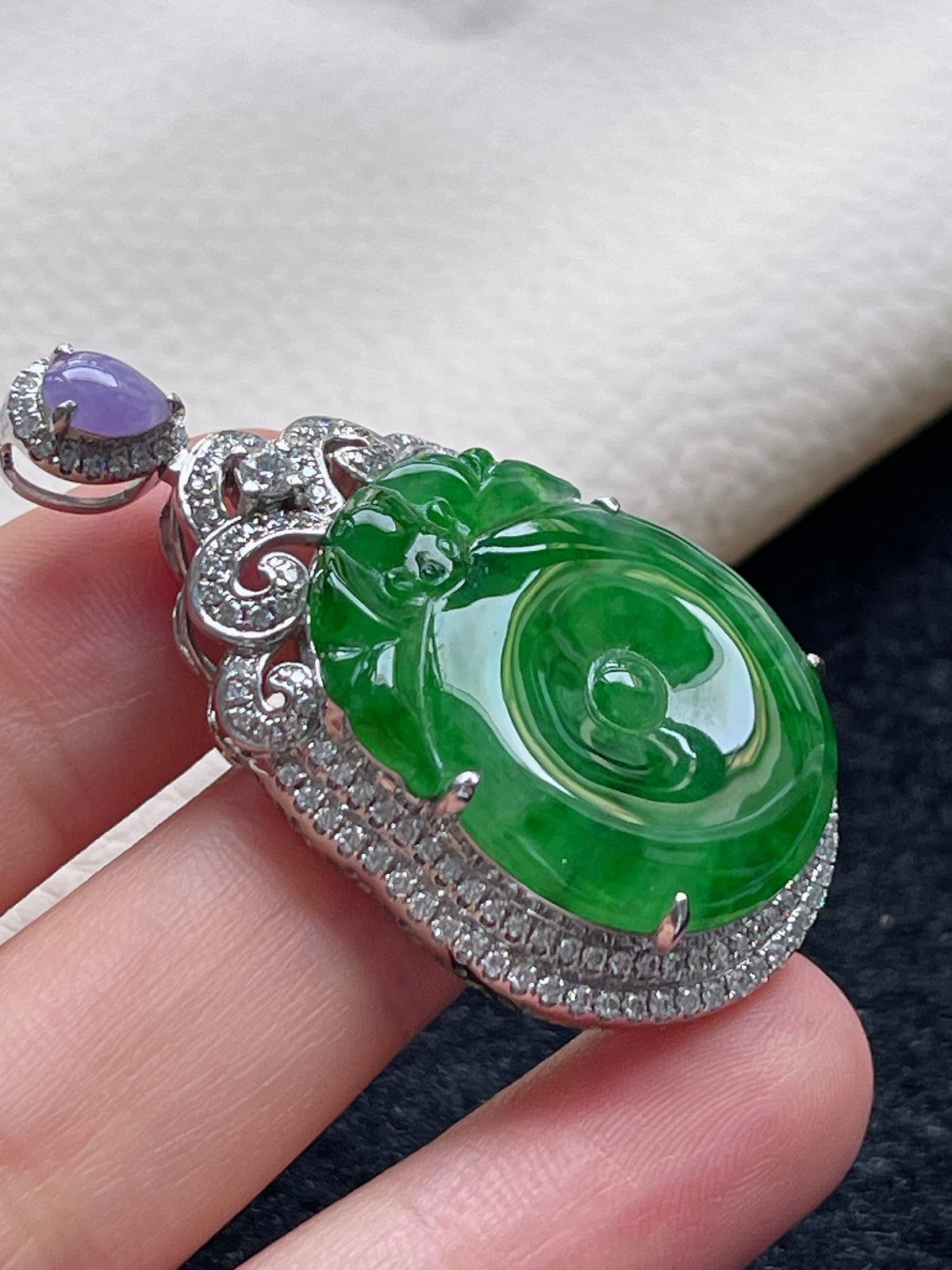 18k金翡翠冰糯种绿色福贝挂件