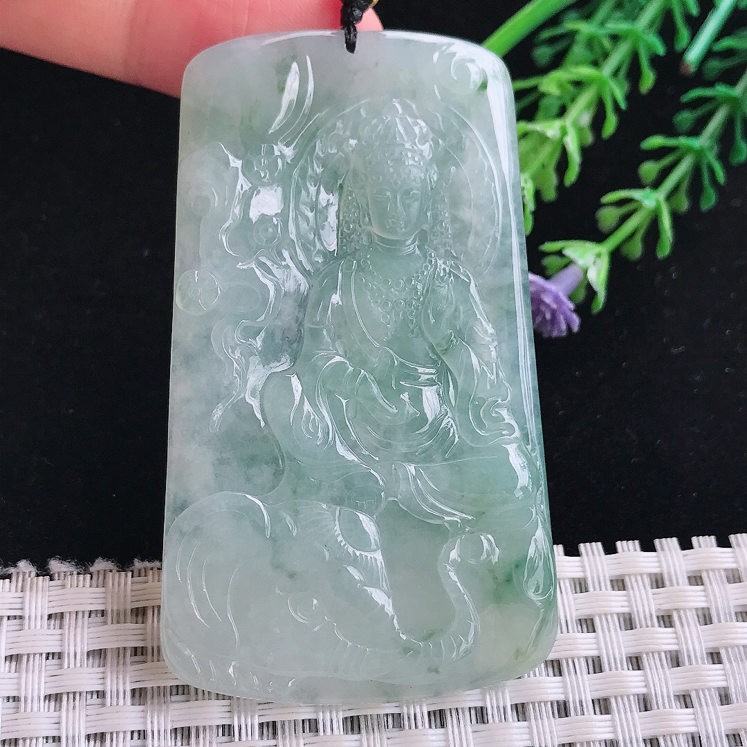 实拍A货翡翠66/38.8/5.3老坑冰透果冻胶冰晴绿普贤菩萨吊坠翡翠玉牌挂件