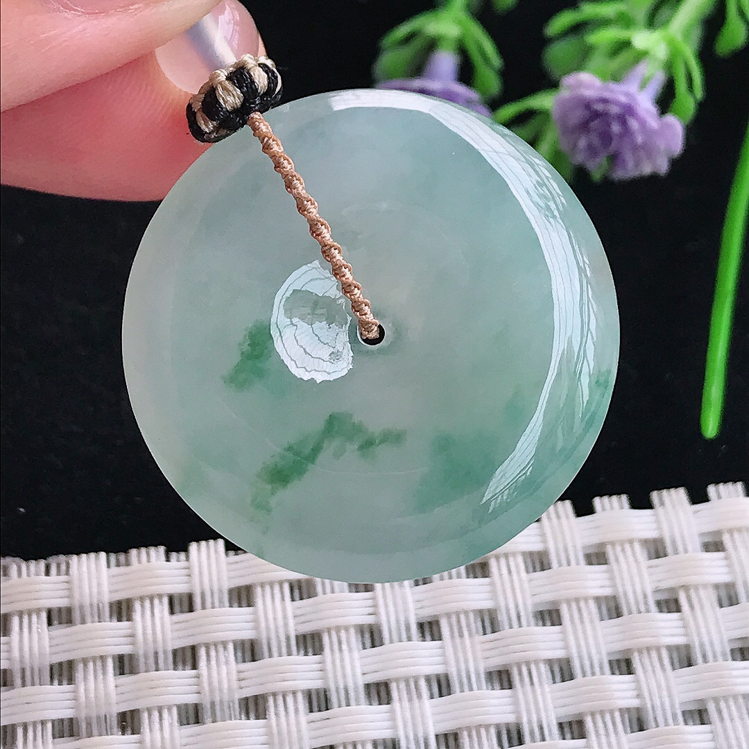 实拍A货翡翠29.7/6老坑冰胶水灵飘花平安扣吊坠翡翠玉扣挂件