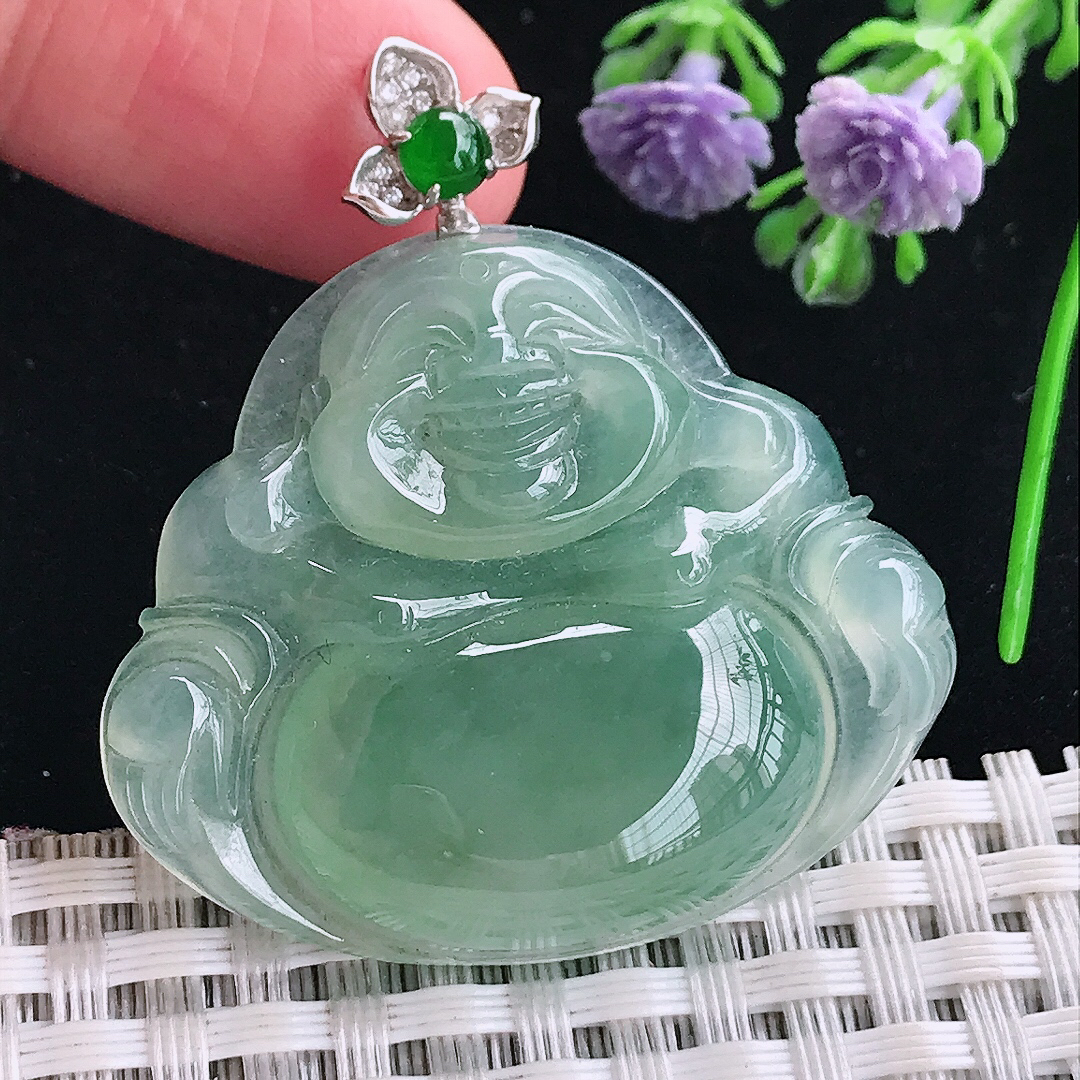 实拍A货翡翠34.7/40.2/7.2老坑冰胶果冻冰晴满绿佛公吊坠翡翠玉牌挂件