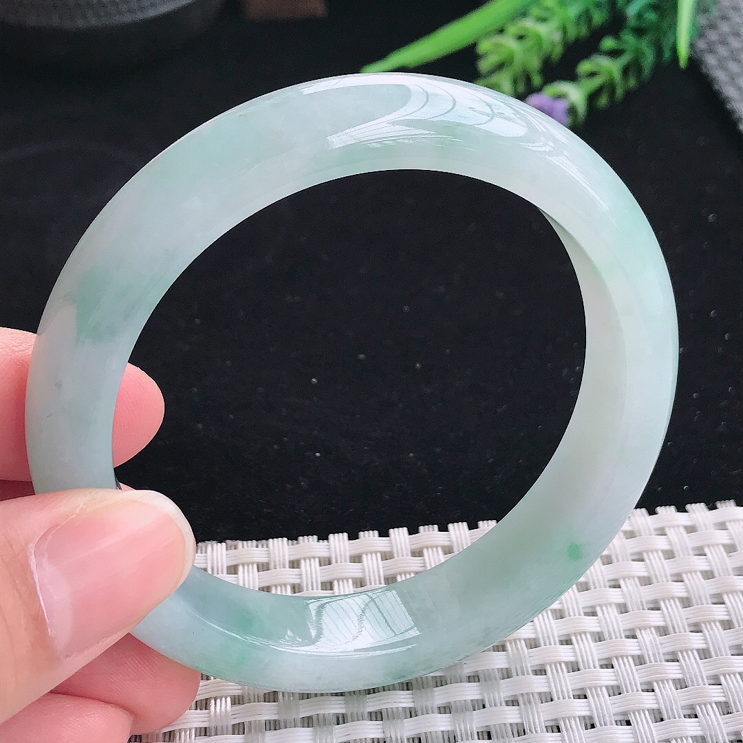 实拍A货翡翠58/12.8/8.5老坑冰润起胶飘阳绿手镯宽边玉镯平安镯美人镯