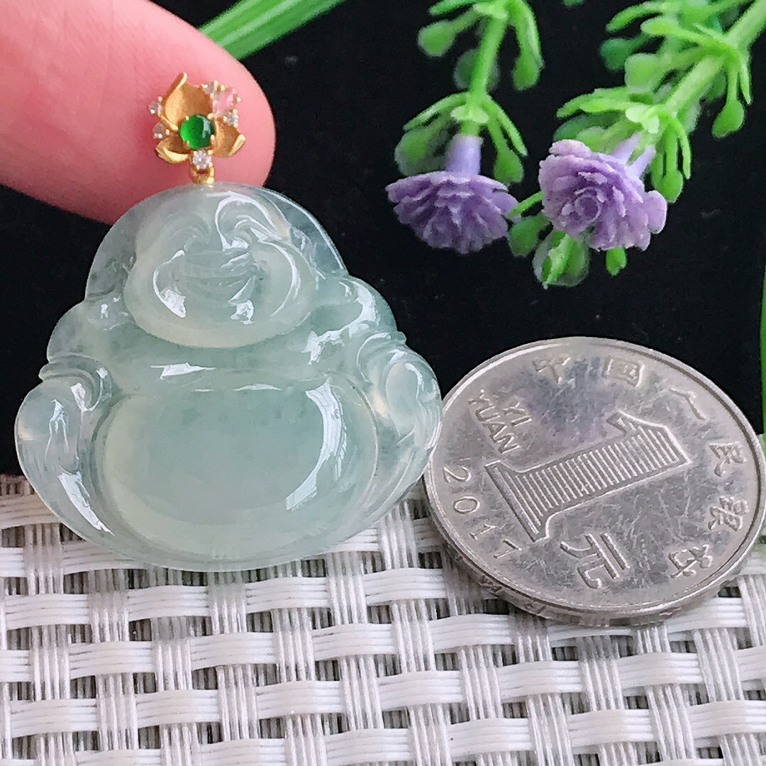 实拍A货翡翠27.6/30/5.8老坑18k金镶嵌起胶冰晴佛公吊坠翡翠玉牌挂件