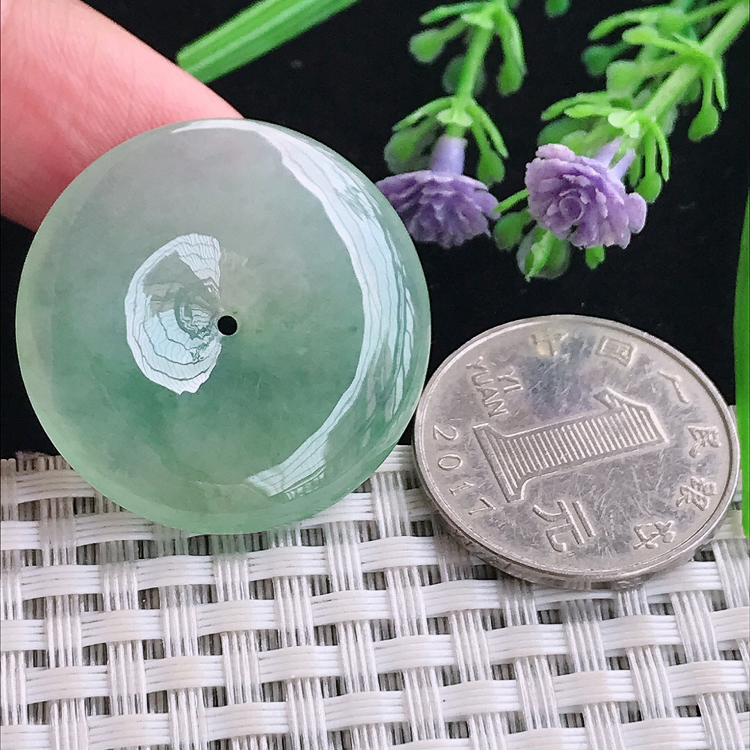 实拍A货翡翠31/5.5老坑冰胶果冻冰晴绿平安扣吊坠翡翠玉扣挂件