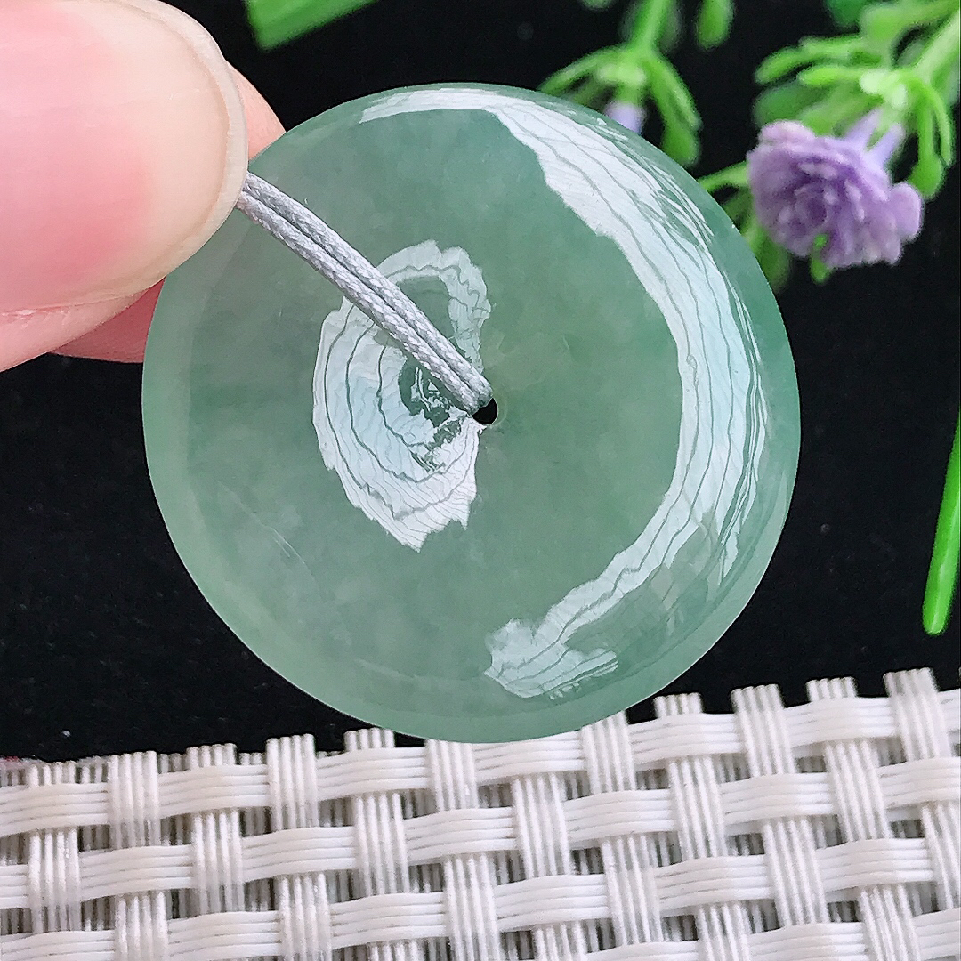 实拍A货翡翠30/5.3老坑冰纯果冻冰晴满绿平安扣吊坠翡翠玉牌挂件