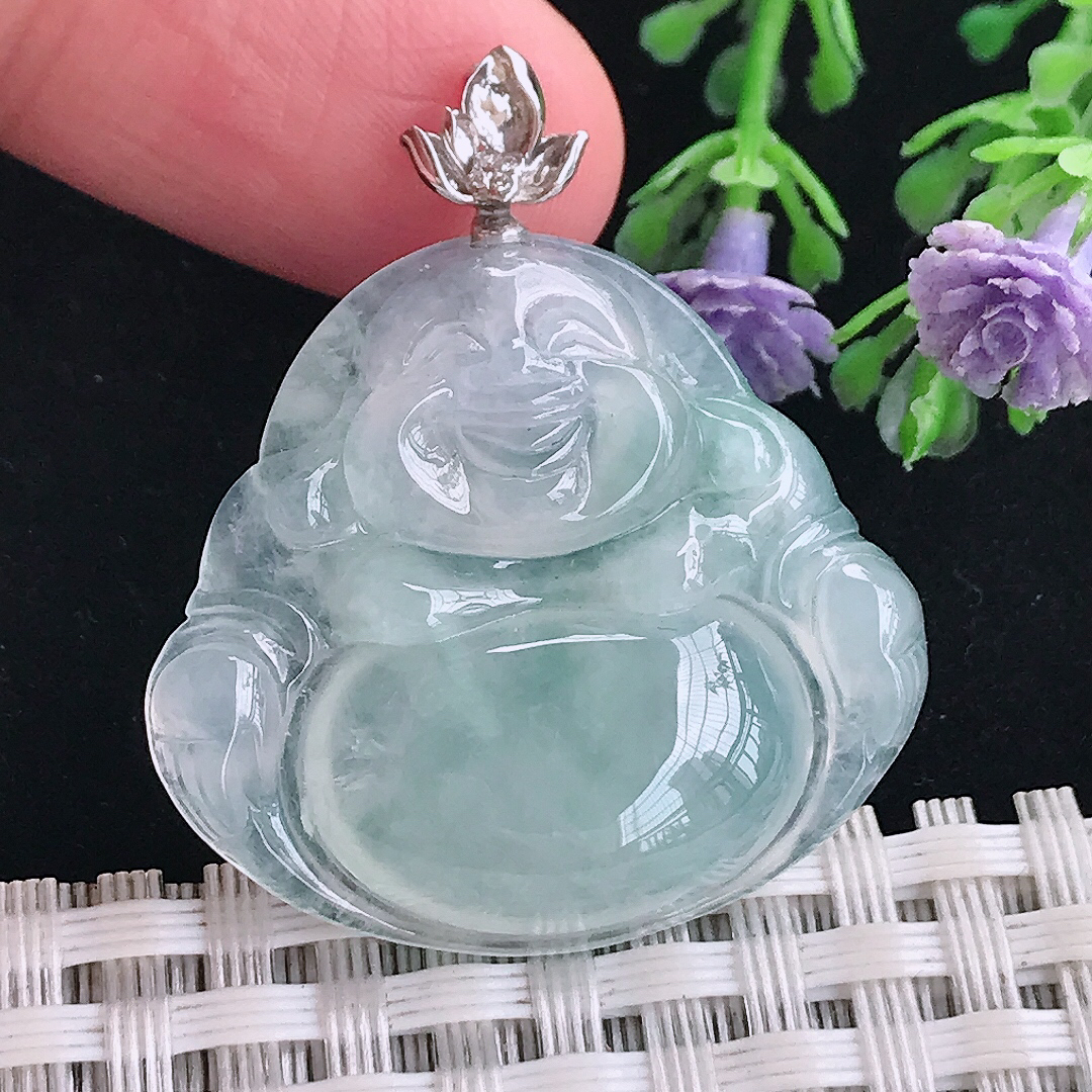 实拍A货翡翠28.8/31.2/6.2老坑18k金镶嵌冰种佛公吊坠翡翠玉牌挂件