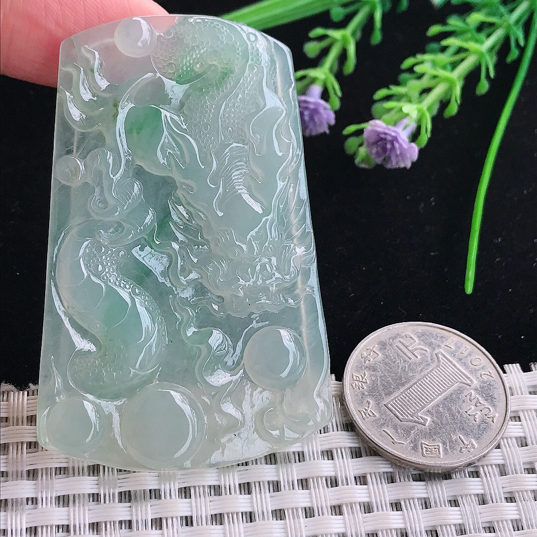 实拍A货翡翠63.9/41.6/5老坑冰胶果冻冰晴绿龙牌吊坠翡翠玉牌挂件