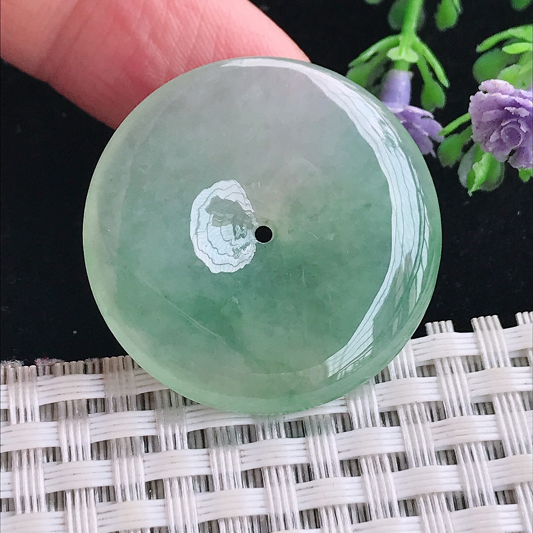 实拍A货翡翠31/5.5老坑冰胶果冻冰晴绿平安扣吊坠翡翠玉扣挂件