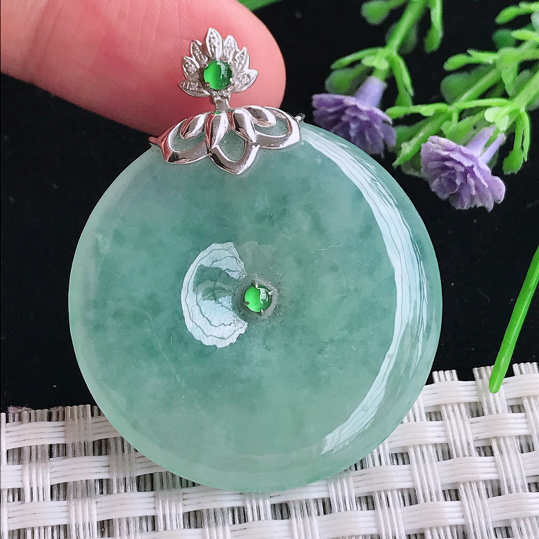 实拍A货翡翠36/5.6老坑18k金镶嵌冰晴绿平安扣吊坠翡翠玉扣挂件