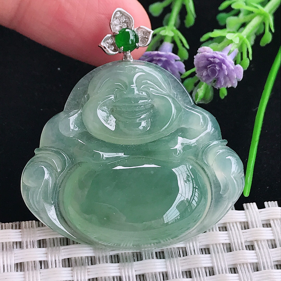 实拍A货翡翠34.7/40.2/7.2老坑冰胶果冻冰晴满绿佛公吊坠翡翠玉牌挂件
