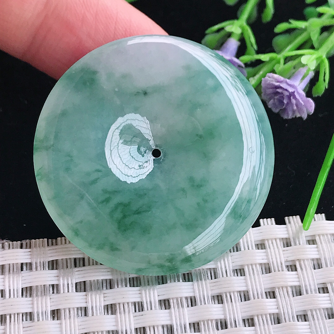 实拍A货翡翠38/6老坑冰润起胶冰飘花平安扣吊坠翡翠玉牌挂件