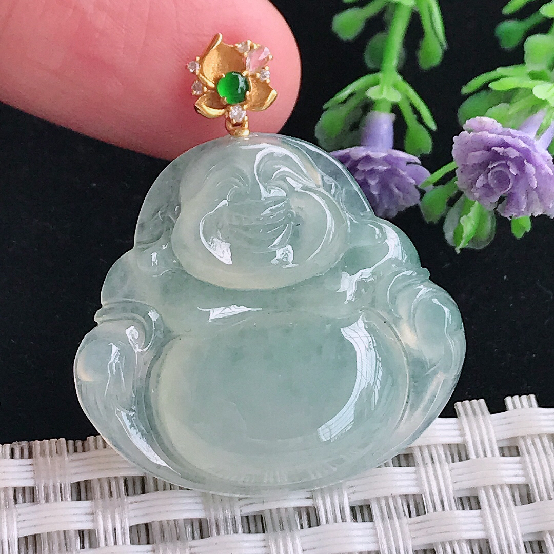 实拍A货翡翠27.6/30/5.8老坑18k金镶嵌起胶冰晴佛公吊坠翡翠玉牌挂件