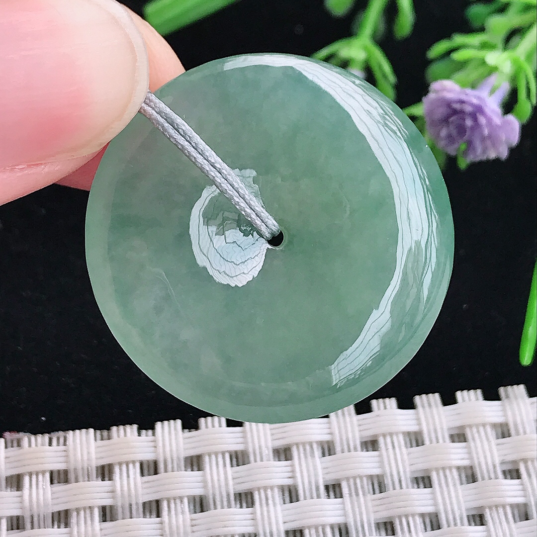 实拍A货翡翠30/5.3老坑冰纯果冻冰晴满绿平安扣吊坠翡翠玉牌挂件