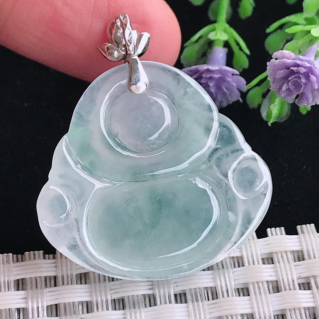 实拍A货翡翠28.8/31.2/6.2老坑18k金镶嵌冰种佛公吊坠翡翠玉牌挂件