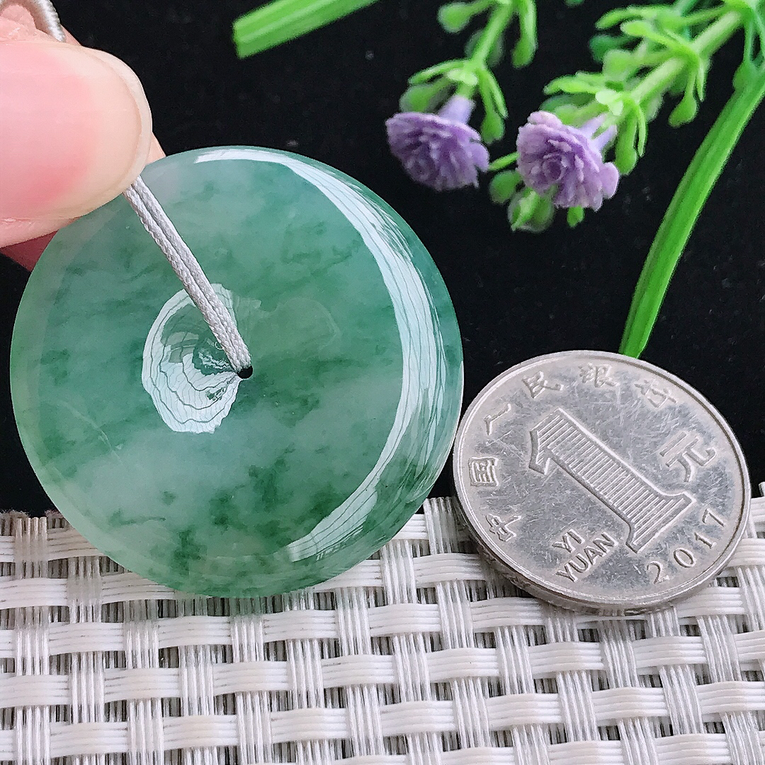 实拍A货翡翠35.8/5.7老坑冰胶果冻冰飘花平安扣吊坠翡翠玉扣挂件