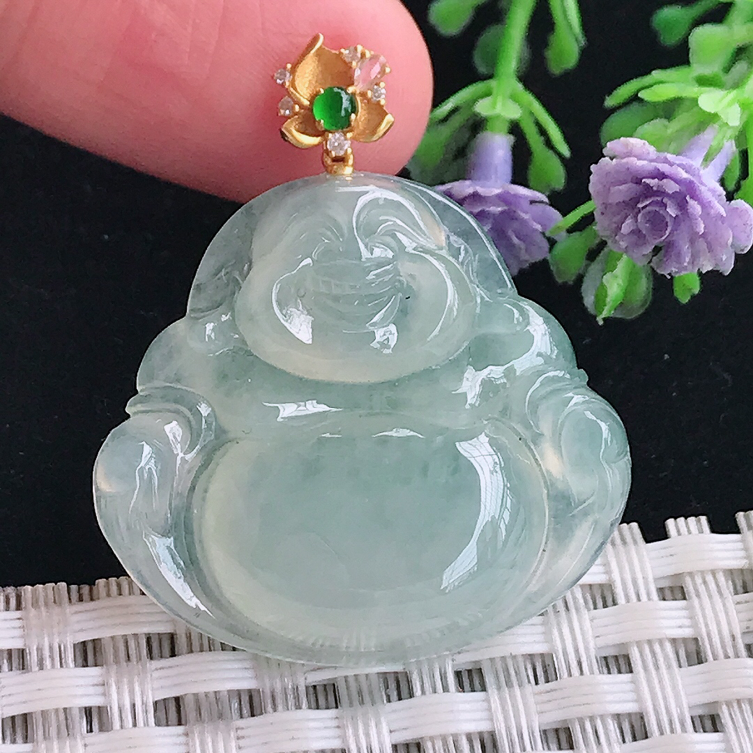 实拍A货翡翠27.6/30/5.8老坑18k金镶嵌起胶冰晴佛公吊坠翡翠玉牌挂件