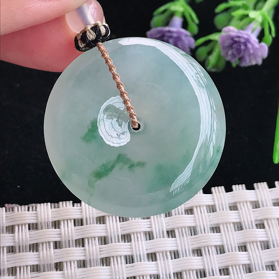 实拍A货翡翠29.7/6老坑冰胶水灵飘花平安扣吊坠翡翠玉扣挂件