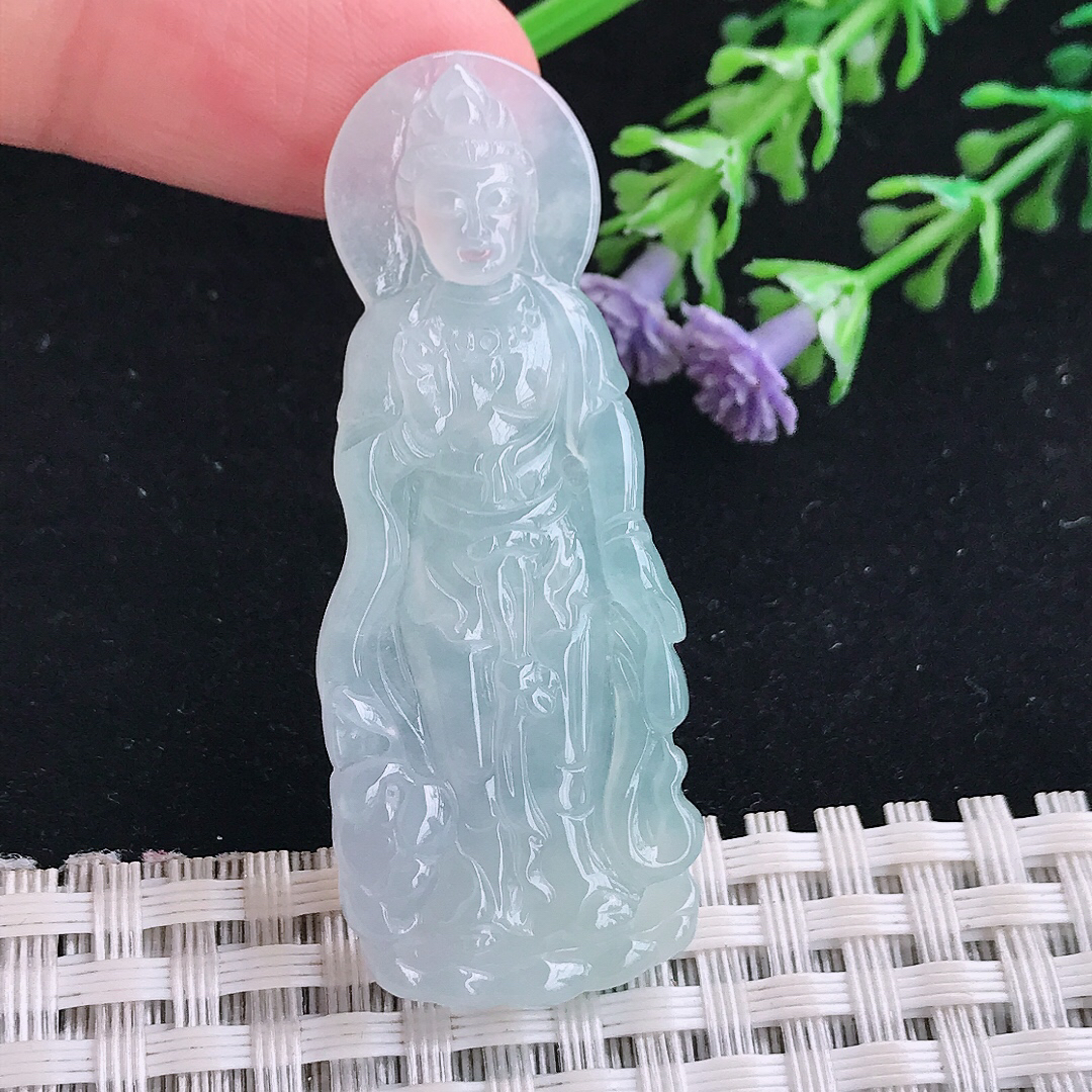 实拍A货翡翠50/20.3/4.6小观音老坑冰胶果冻赐福观音吊坠翡翠玉牌挂件