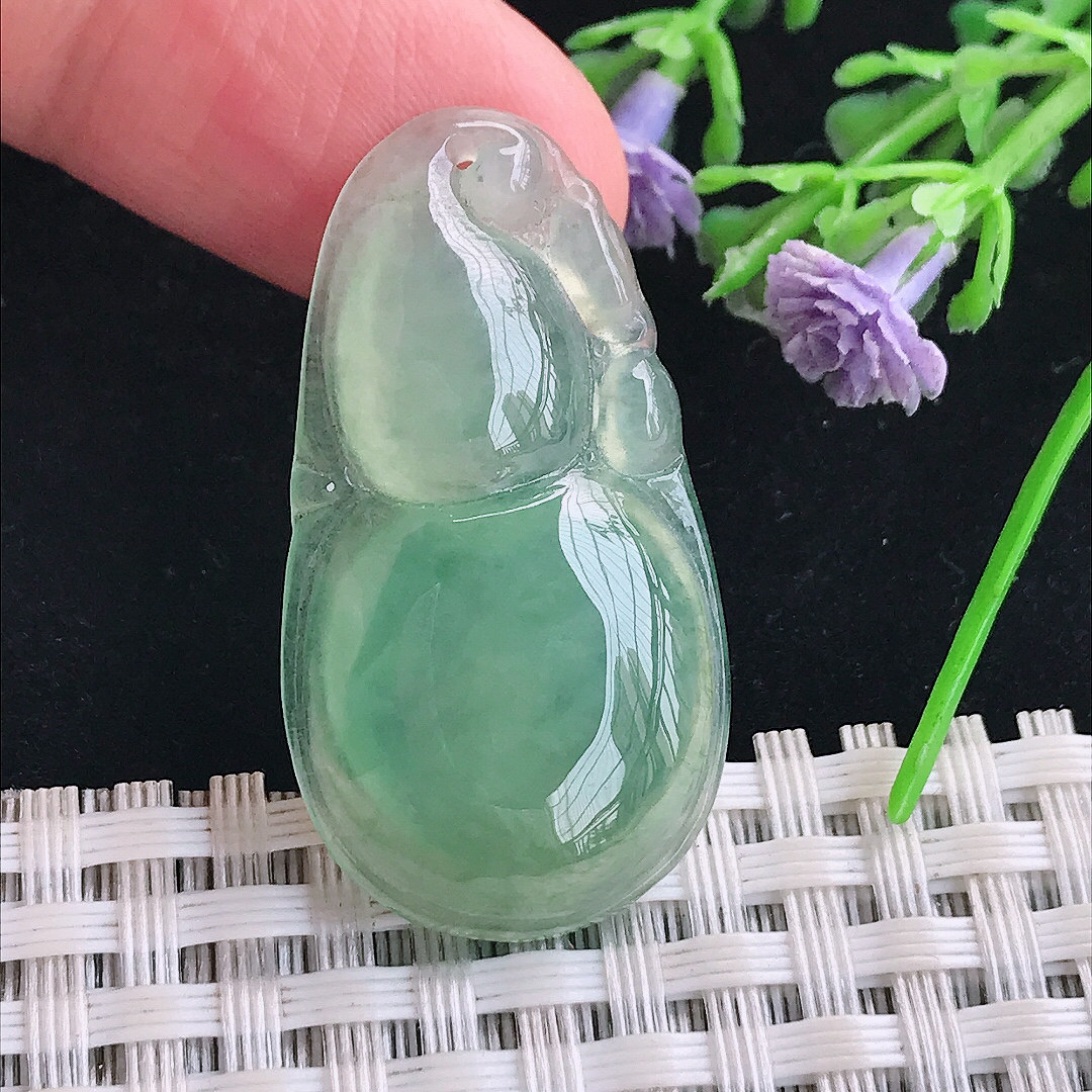 实拍A货翡翠36.3/19.6/5.2老坑冰种起胶满绿葫芦吊坠翡翠玉牌挂件