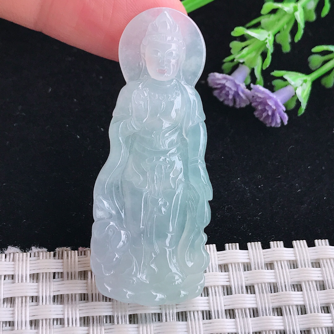 实拍A货翡翠50/20.3/4.6小观音老坑冰胶果冻赐福观音吊坠翡翠玉牌挂件