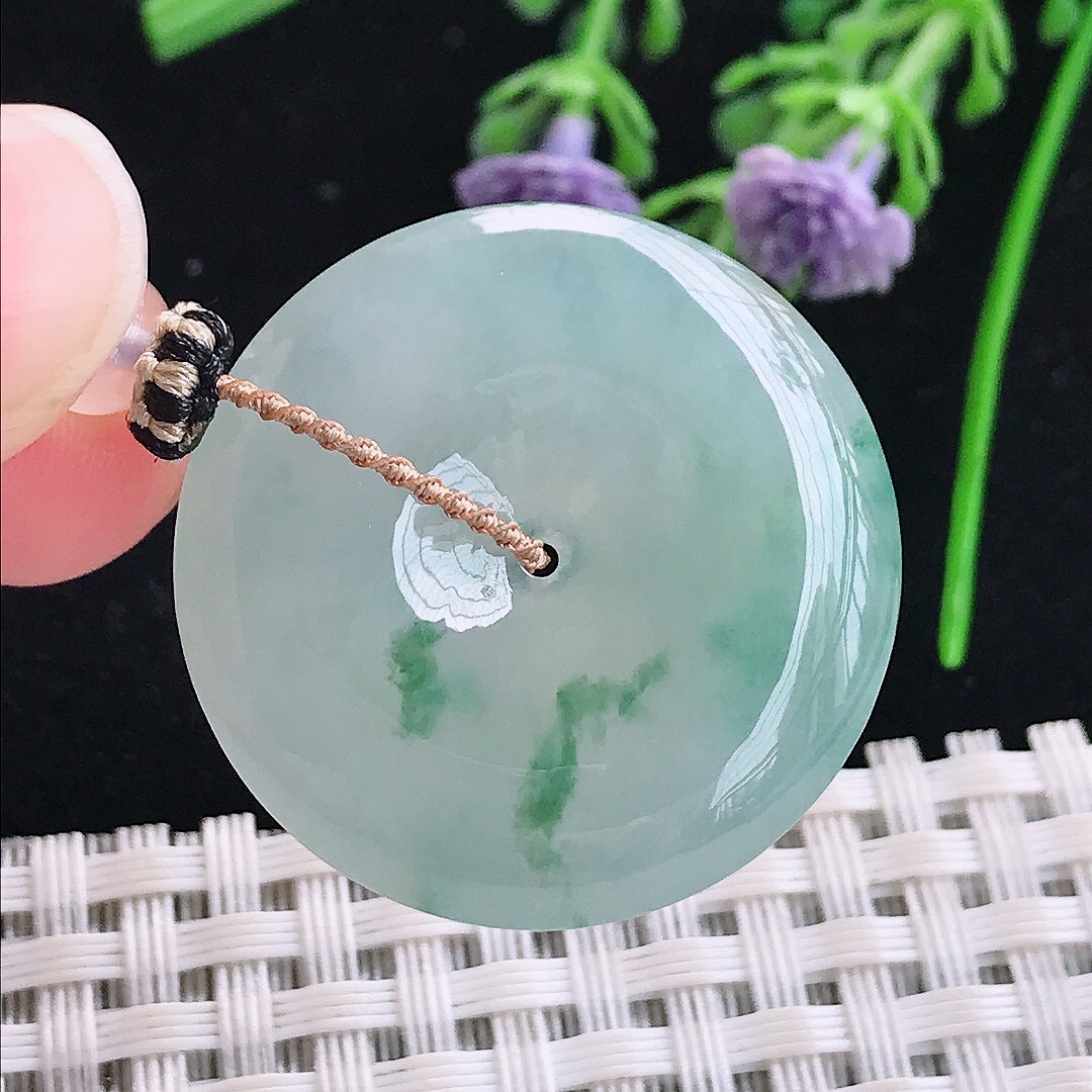 实拍A货翡翠29.7/6老坑冰胶水灵飘花平安扣吊坠翡翠玉扣挂件