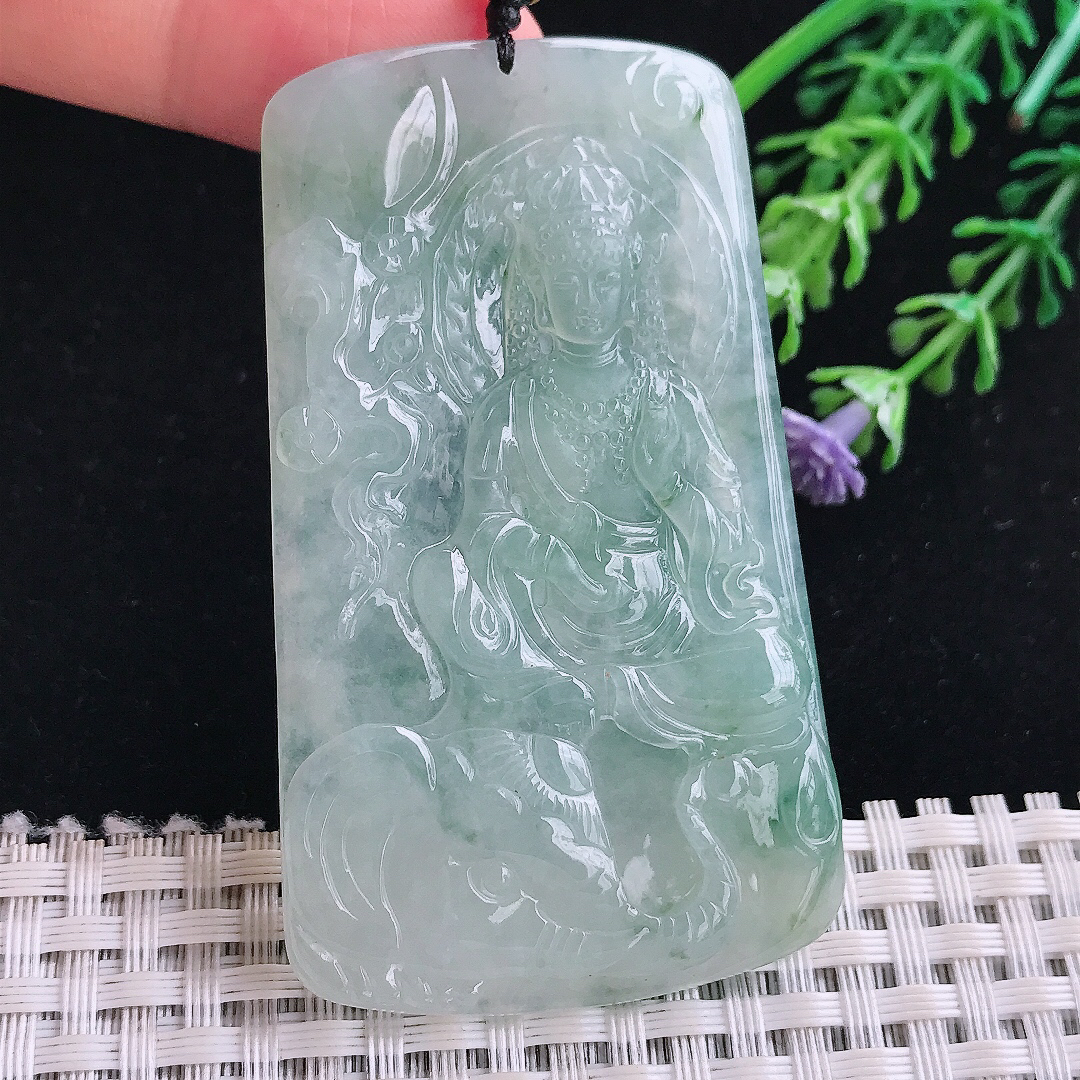 实拍A货翡翠66/38.8/5.3老坑冰透果冻胶冰晴绿普贤菩萨吊坠翡翠玉牌挂件