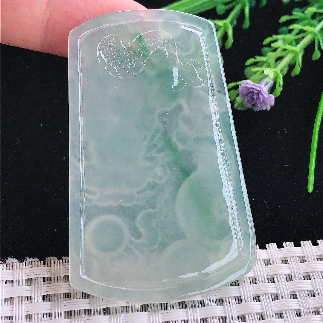 实拍A货翡翠63.9/41.6/5老坑冰胶果冻冰晴绿龙牌吊坠翡翠玉牌挂件