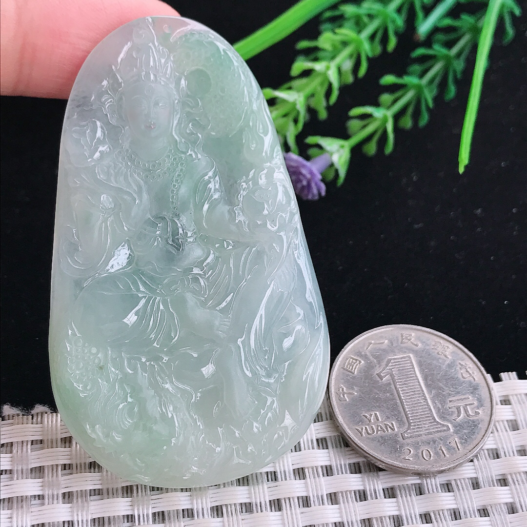 实拍A货翡翠66/40/5.5老坑冰胶水灵冰晴渡母菩萨吊坠翡翠玉牌挂件