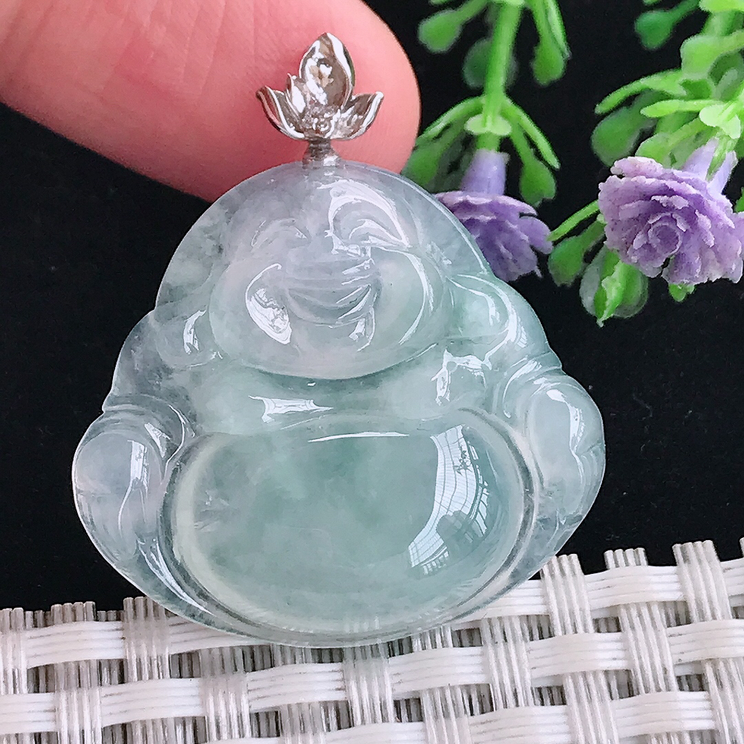 实拍A货翡翠28.8/31.2/6.2老坑18k金镶嵌冰种佛公吊坠翡翠玉牌挂件