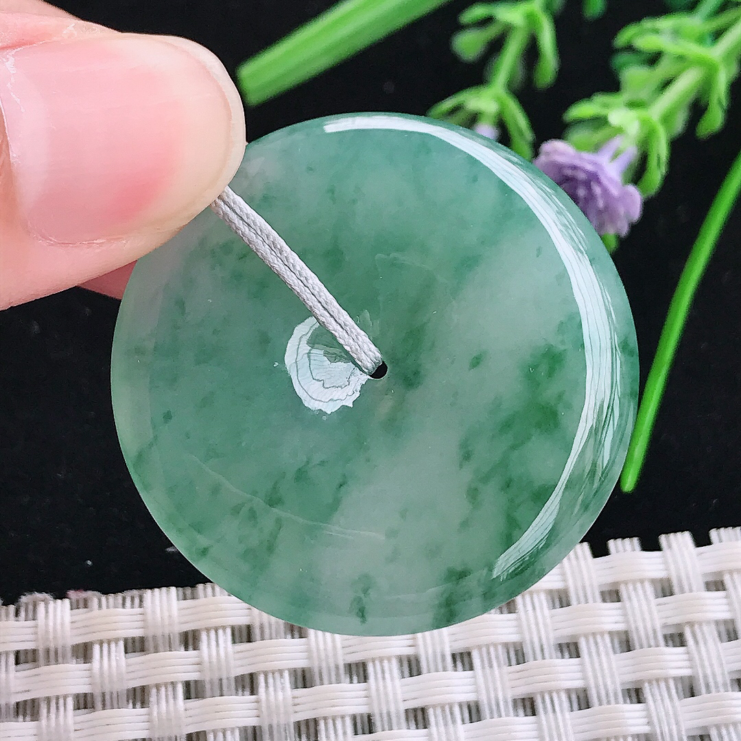 实拍A货翡翠35.8/5.7老坑冰胶果冻冰飘花平安扣吊坠翡翠玉扣挂件