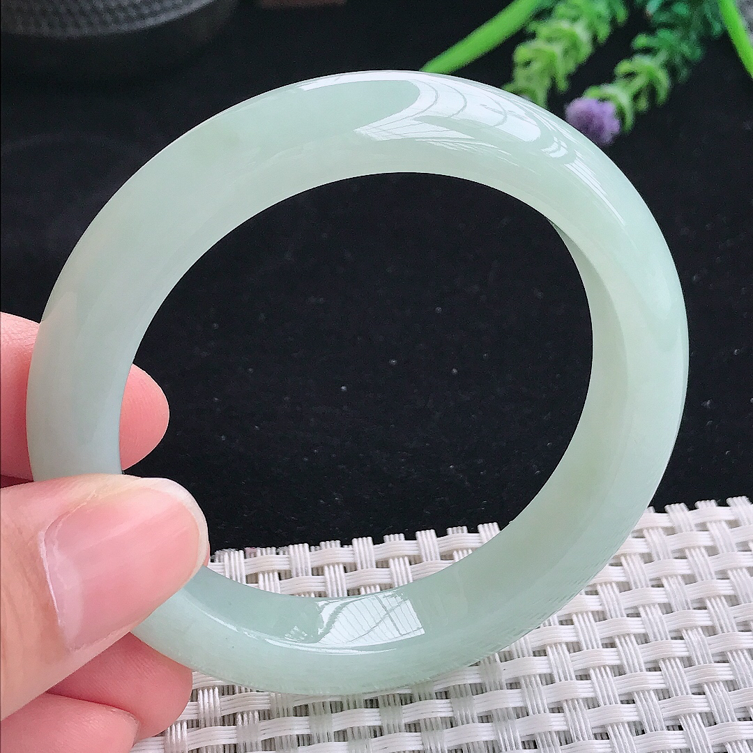 实拍A货翡翠54.5/11.6/9老坑冰润起胶冰晴绿手镯宽边玉镯平安镯美人镯