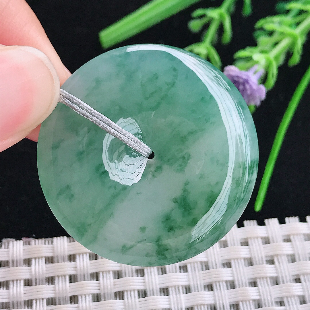 实拍A货翡翠35.8/5.7老坑冰胶果冻冰飘花平安扣吊坠翡翠玉扣挂件