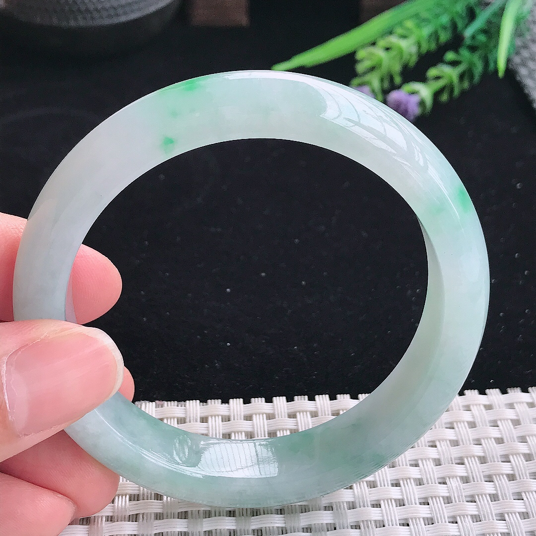 实拍A货翡翠58/12.8/8.5老坑冰润起胶飘阳绿手镯宽边玉镯平安镯美人镯