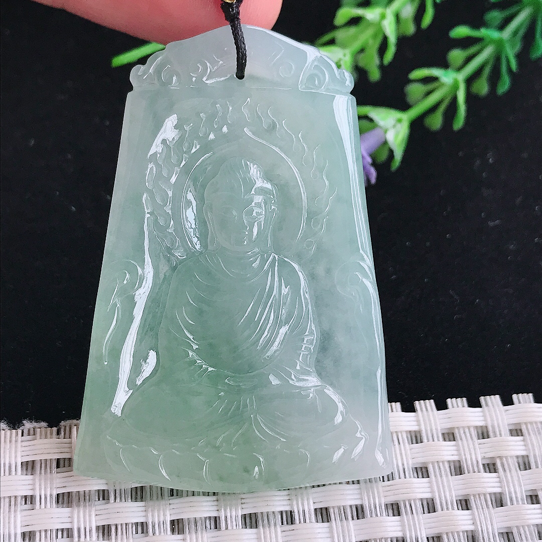 实拍A货翡翠52/36.5/4.8老坑冰胶果冻冰晴如来佛祖吊坠翡翠玉佛牌挂件