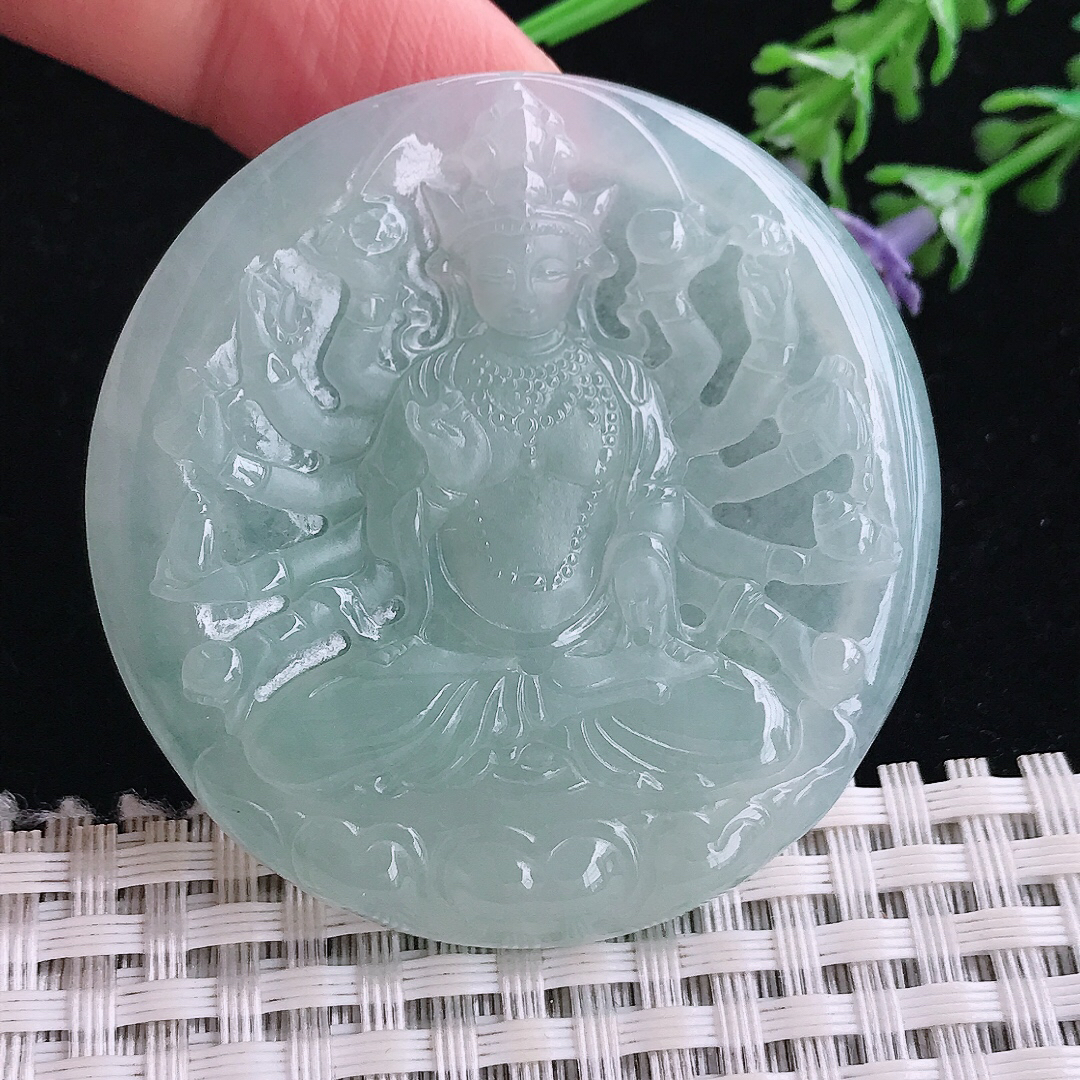 实拍A货翡翠50/5.4老坑冰胶果冻冰晴千手观音吊坠翡翠玉牌