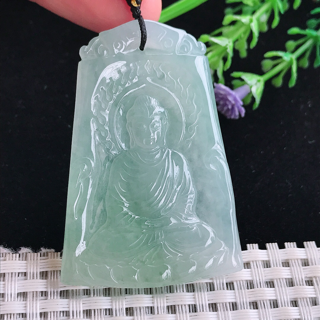 实拍A货翡翠52/36.5/4.8老坑冰胶果冻冰晴如来佛祖吊坠翡翠玉佛牌挂件