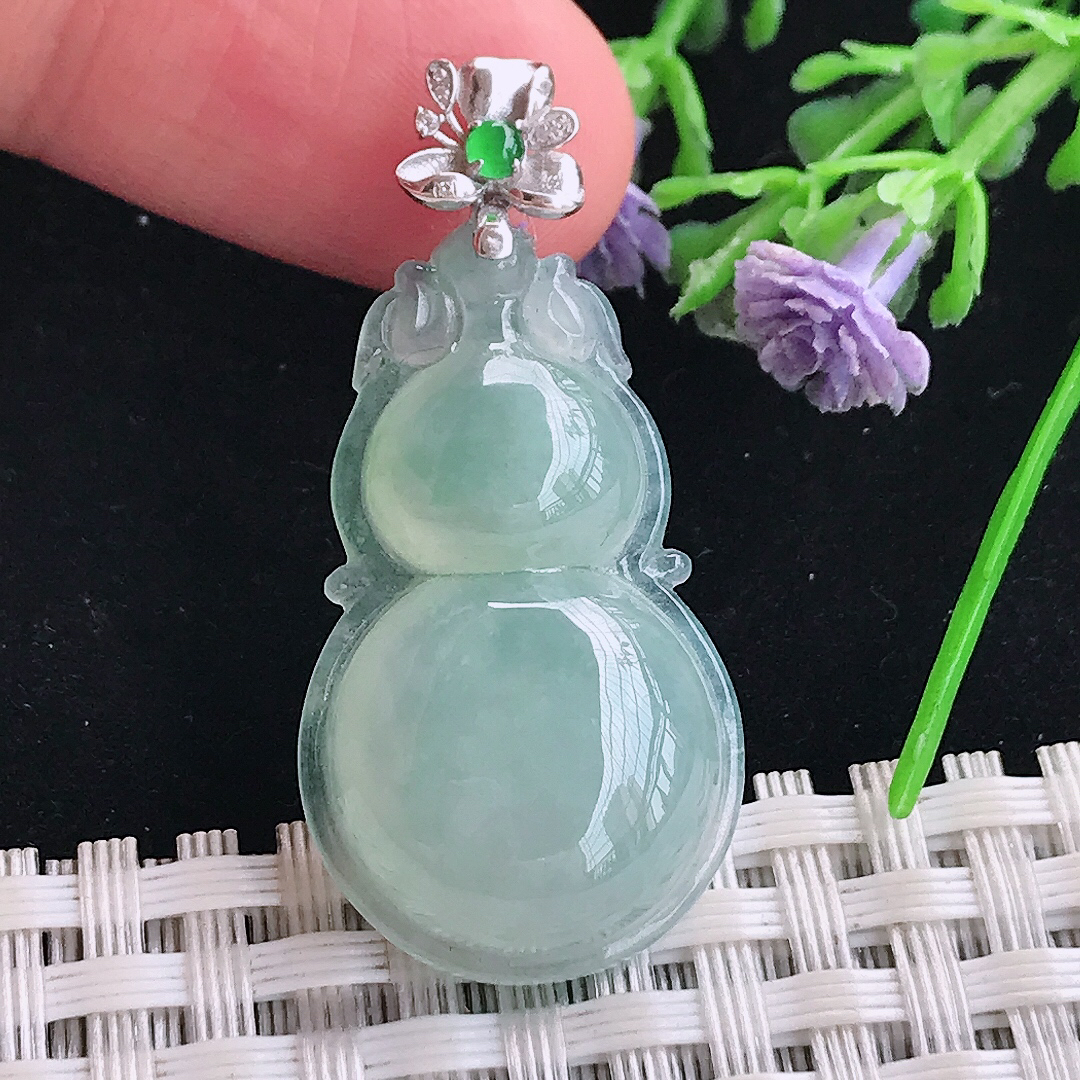 实拍A货翡翠30.6/18.5/6.5老坑18k金镶嵌冰晴葫芦吊坠翡翠玉牌挂件