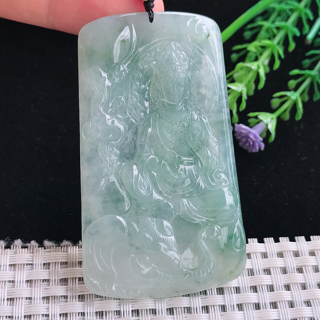 实拍A货翡翠66/38.8/5.3老坑冰透果冻胶冰晴绿普贤菩萨吊坠翡翠玉牌挂件